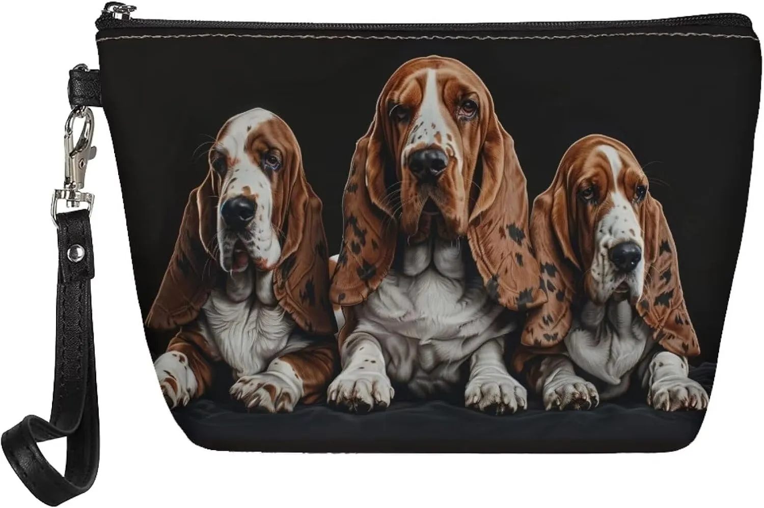 Basset Hound Print Leather Cosmetic Bag for Women and Girls, Small Portable Makeup Bag with Zipper and Handle, Toiletry Pouch Travel Accessories Makeup Pouch