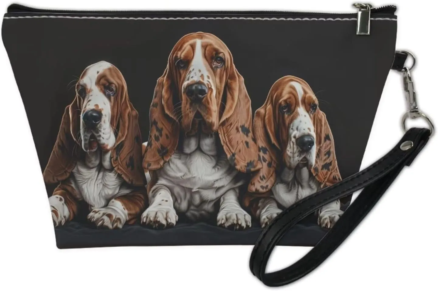 Basset Hound Print Leather Cosmetic Bag for Women and Girls, Small Portable Makeup Bag with Zipper and Handle, Toiletry Pouch Travel Accessories Makeup Pouch