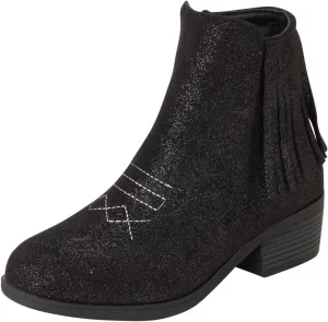 bebe Girls Cowboy Boots - Suede Ankle Booties with Fringe and Block Heels - Sparkly Shoes for Toddlers, Little and Big Girls
