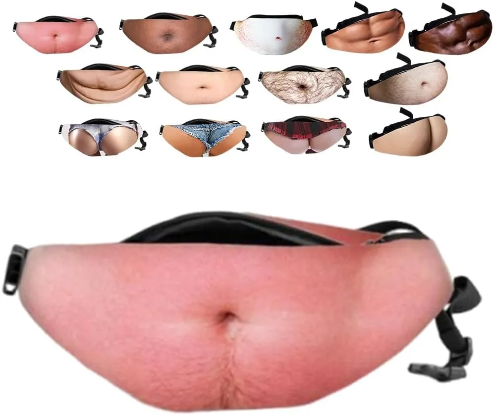 Beer Belly Fanny Pack for Men, Gag Hairy Belly Fanny Pack Funny, Adjustable Belt Bag, White Elephant Gifts for Adults, Hiking Pack,3D Dad Fake Bellies Bags, Gag Gifts Adults Funny(A)