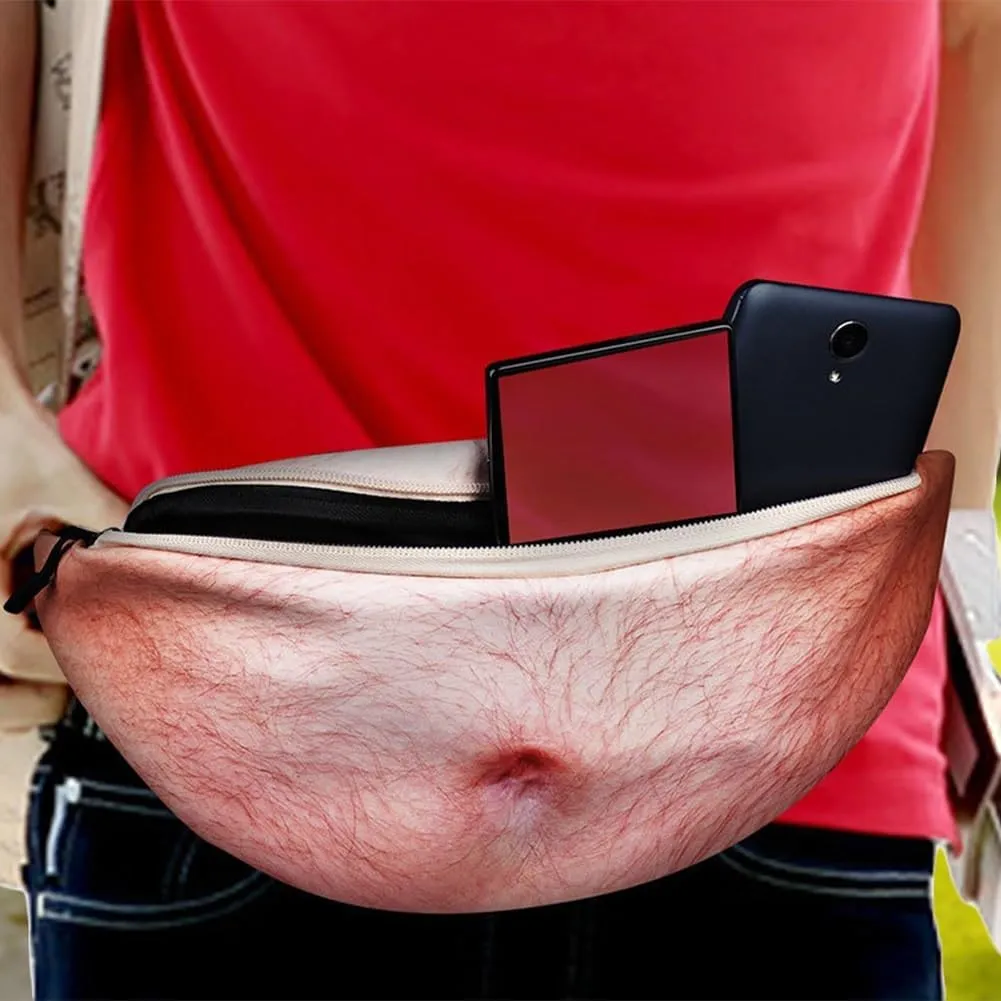 Beer Belly Fanny Pack for Men, Gag Hairy Belly Fanny Pack Funny, Adjustable Belt Bag, White Elephant Gifts for Adults, Hiking Pack,3D Dad Fake Bellies Bags, Gag Gifts Adults Funny(B)