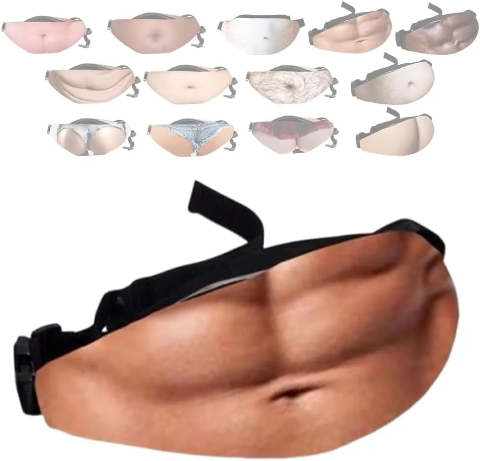 Beer Belly Fanny Pack for Men, Gag Hairy Belly Fanny Pack Funny, Adjustable Belt Bag, White Elephant Gifts for Adults, Hiking Pack,3D Dad Fake Bellies Bags, Gag Gifts Adults Funny(D)