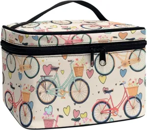 Bicycle Pattern Large Portable Cosmetic Makeup Travel Organizer for Women, Colorful Bikes Hearts Print Make up Organizer Toiletry Bag with Handle