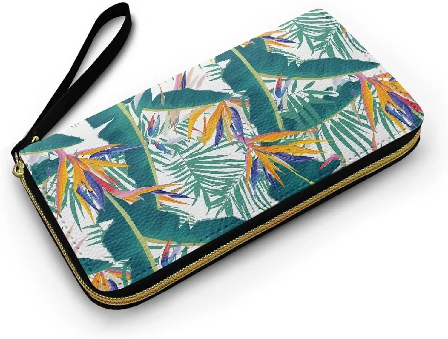 Bird Of Paradise Flowers Wristlet Clutch Purse for Women Tropical Floral Zipper Around Wallet, Hawaiian Banana Palm Leaves Soft Leather Long Wallet Travel Phone Purse