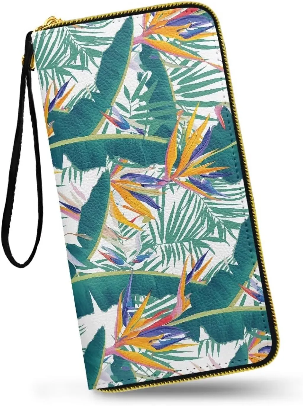 Bird Of Paradise Flowers Wristlet Clutch Purse for Women Tropical Floral Zipper Around Wallet, Hawaiian Banana Palm Leaves Soft Leather Long Wallet Travel Phone Purse