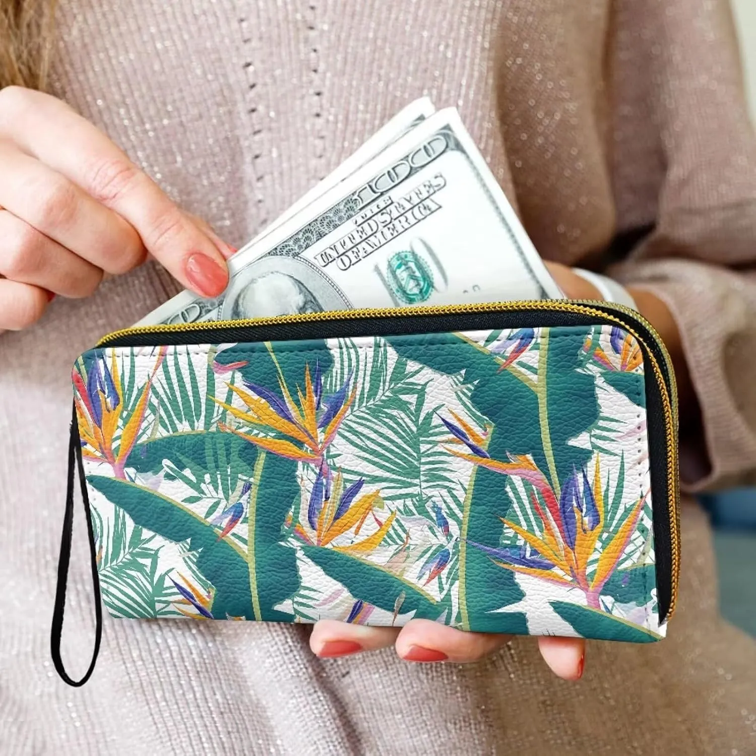 Bird Of Paradise Flowers Wristlet Clutch Purse for Women Tropical Floral Zipper Around Wallet, Hawaiian Banana Palm Leaves Soft Leather Long Wallet Travel Phone Purse