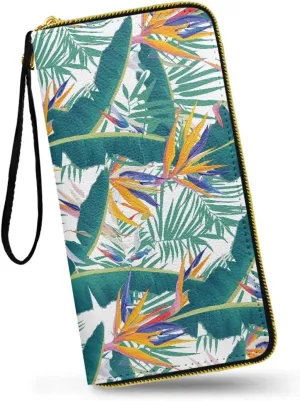 Bird Of Paradise Flowers Wristlet Clutch Purse for Women Tropical Floral Zipper Around Wallet, Hawaiian Banana Palm Leaves Soft Leather Long Wallet Travel Phone Purse