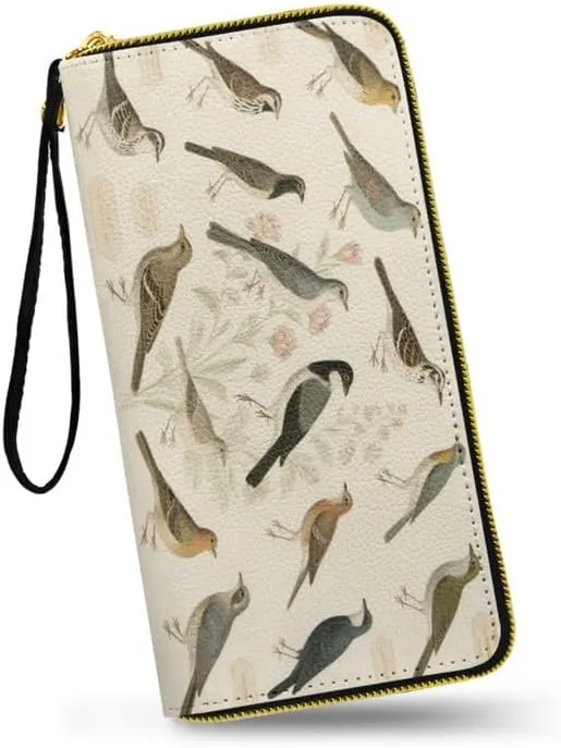 Birds Collection Print Long Wallets for Women PU Leather Clutch Wallet, Vintage Botanical Floral Credit Card Holder Large Capacity Phone Pouch Billfold with Wristlet