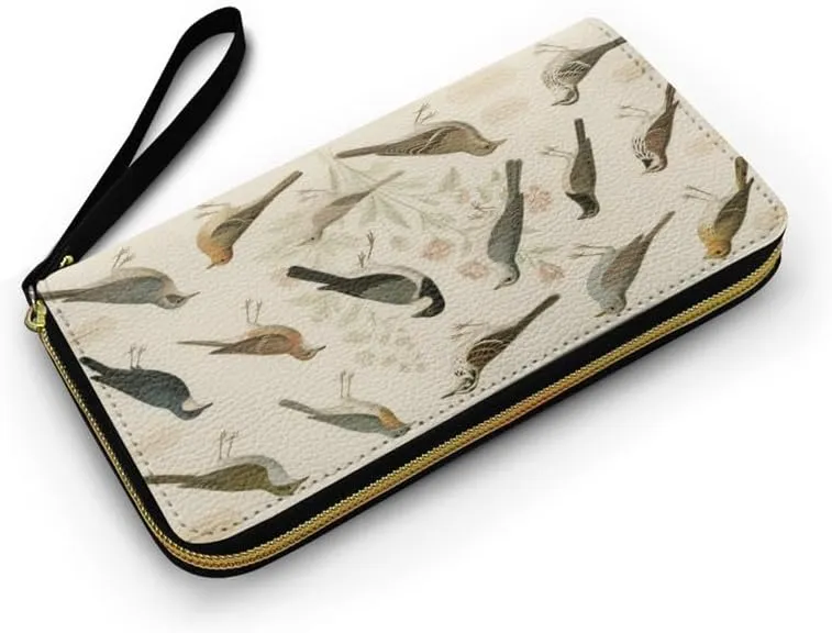 Birds Collection Print Long Wallets for Women PU Leather Clutch Wallet, Vintage Botanical Floral Credit Card Holder Large Capacity Phone Pouch Billfold with Wristlet