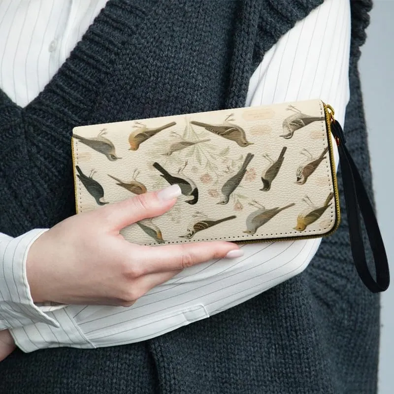 Birds Collection Print Long Wallets for Women PU Leather Clutch Wallet, Vintage Botanical Floral Credit Card Holder Large Capacity Phone Pouch Billfold with Wristlet