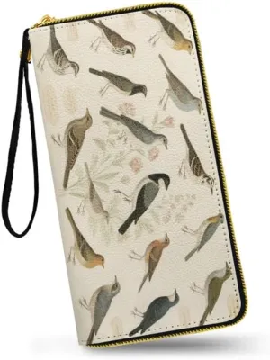 Birds Collection Print Long Wallets for Women PU Leather Clutch Wallet, Vintage Botanical Floral Credit Card Holder Large Capacity Phone Pouch Billfold with Wristlet