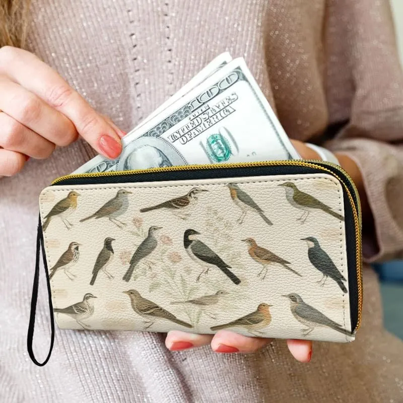 Birds Collection Print Long Wallets for Women PU Leather Clutch Wallet, Vintage Botanical Floral Credit Card Holder Large Capacity Phone Pouch Billfold with Wristlet