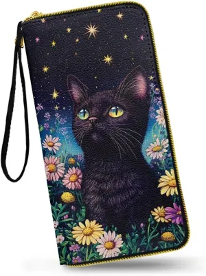 Black Cat Zip Around Wallet for Women PU Leather Credit Card Holder, Kitty Flowers Stars Painting Zipper Wallet Money Organizers Coin Purse