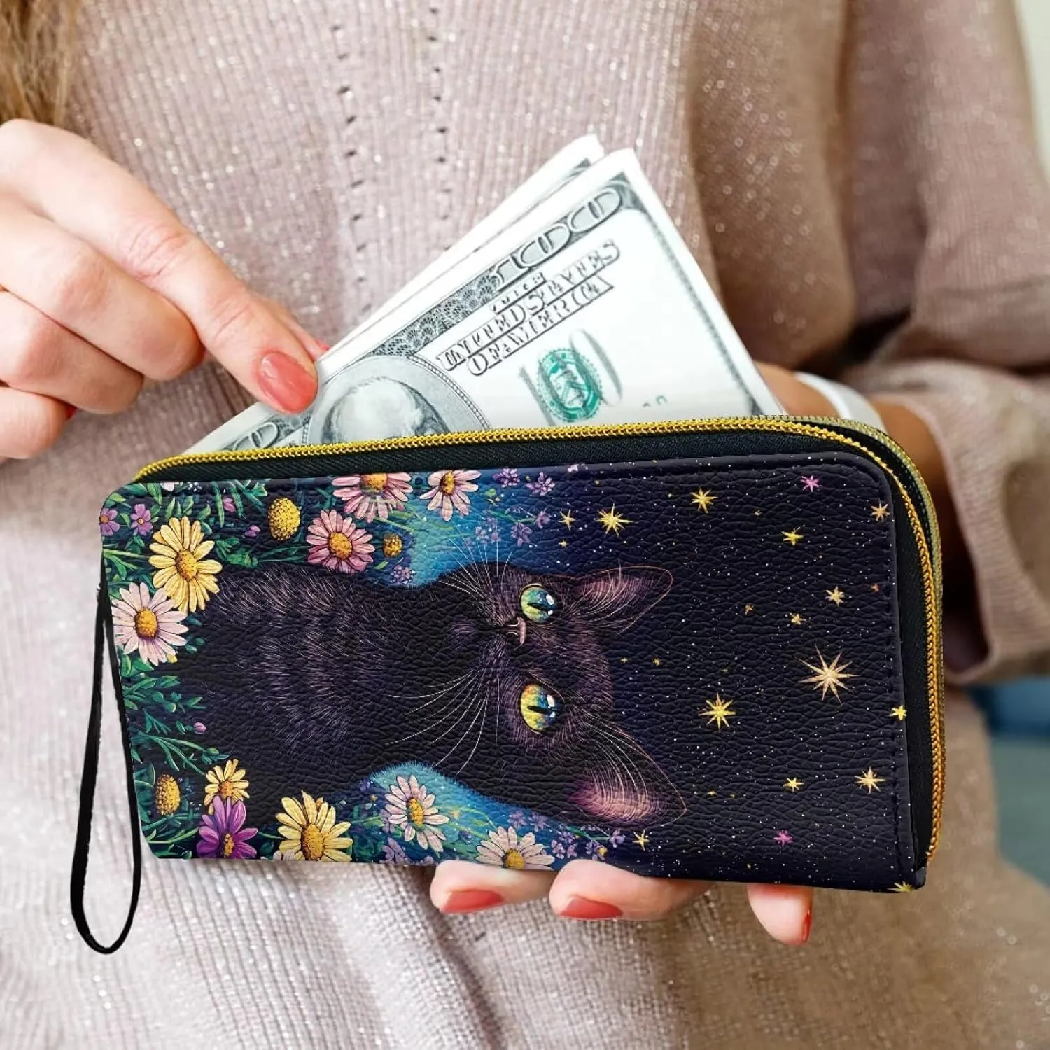 Black Cat Zip Around Wallet for Women PU Leather Credit Card Holder, Kitty Flowers Stars Painting Zipper Wallet Money Organizers Coin Purse