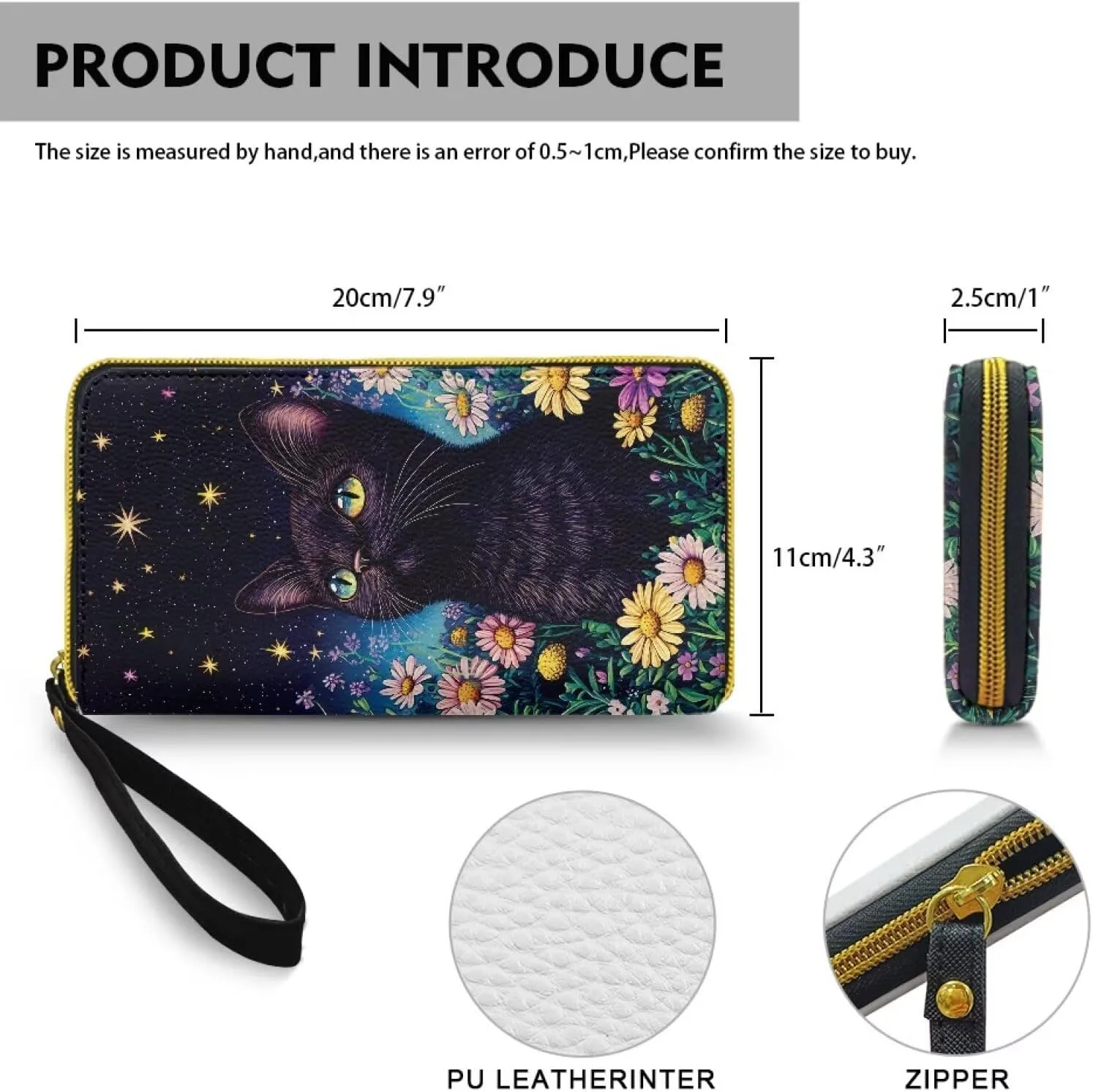 Black Cat Zip Around Wallet for Women PU Leather Credit Card Holder, Kitty Flowers Stars Painting Zipper Wallet Money Organizers Coin Purse