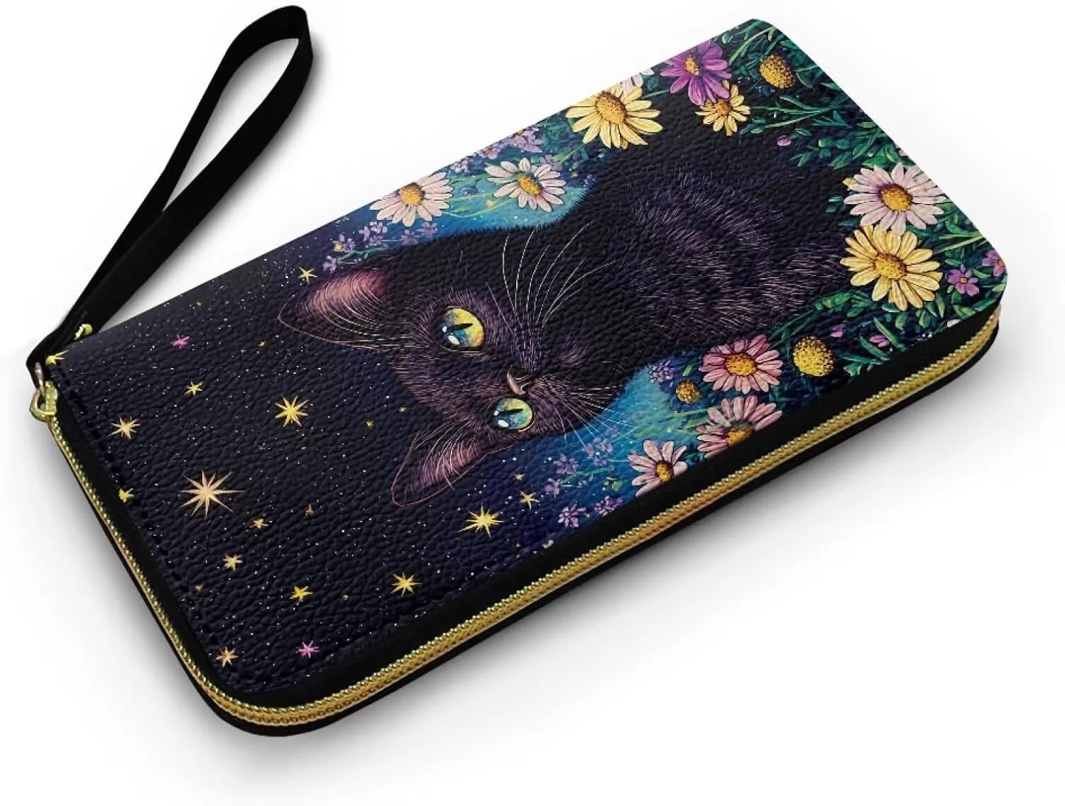 Black Cat Zip Around Wallet for Women PU Leather Credit Card Holder, Kitty Flowers Stars Painting Zipper Wallet Money Organizers Coin Purse