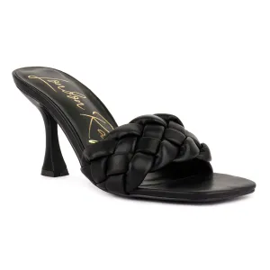 Black Woven Strap Square Toe Heeled Sandal