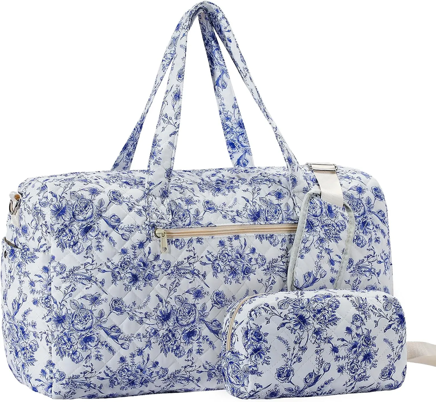 Blue and White Porcelain Style Travel Duffle Bag, Weekender Overnight Quilted Duffle Bag for Women, Large Capacity Duffel Bag with Shoe Compartment, Gym Tote Bags with Dry and Wet Separation (2 Pcs)