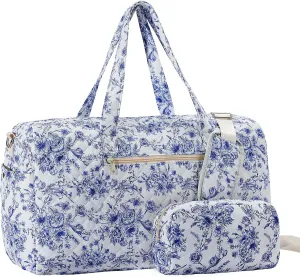 Blue and White Porcelain Style Travel Duffle Bag, Weekender Overnight Quilted Duffle Bag for Women, Large Capacity Duffel Bag with Shoe Compartment, Gym Tote Bags with Dry and Wet Separation (2 Pcs)