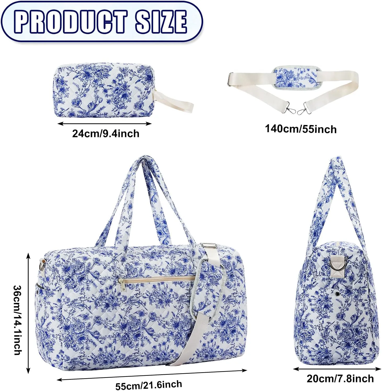 Blue and White Porcelain Style Travel Duffle Bag, Weekender Overnight Quilted Duffle Bag for Women, Large Capacity Duffel Bag with Shoe Compartment, Gym Tote Bags with Dry and Wet Separation (2 Pcs)