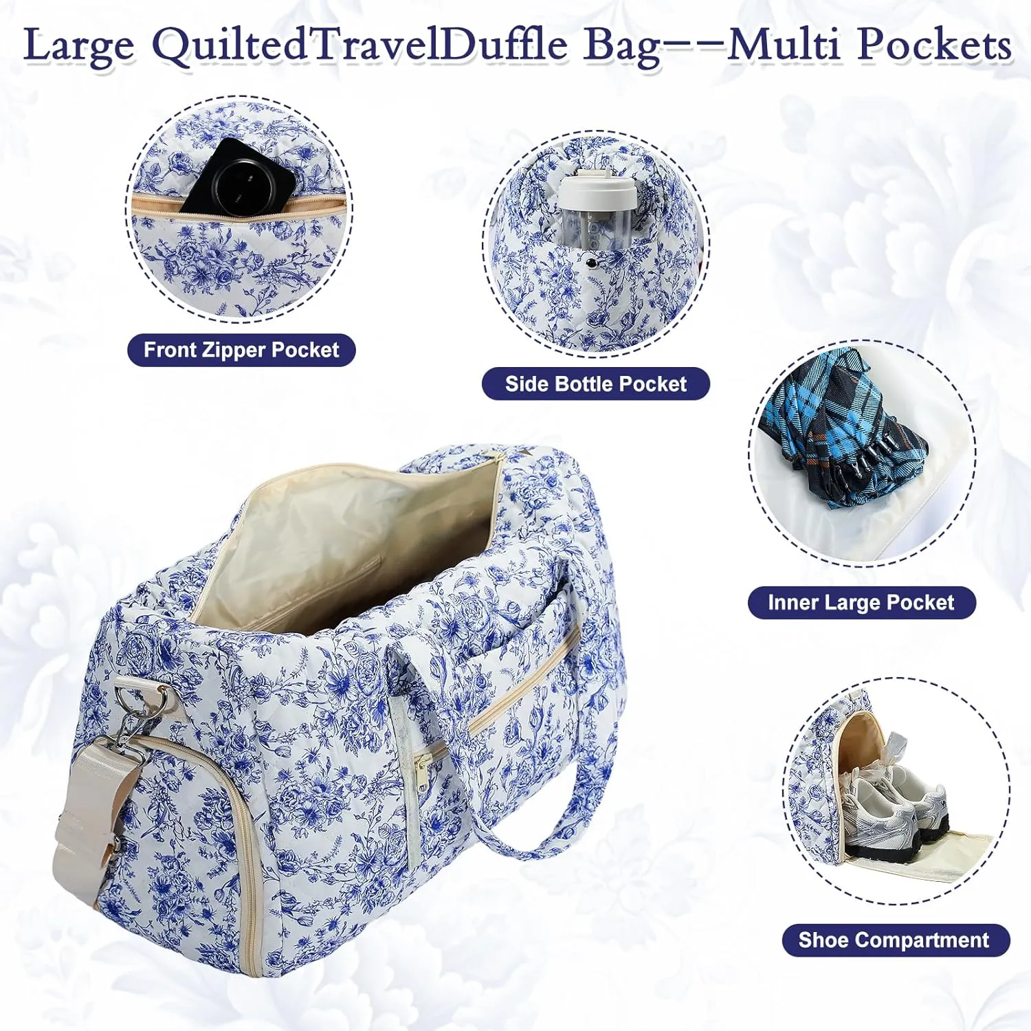 Blue and White Porcelain Style Travel Duffle Bag, Weekender Overnight Quilted Duffle Bag for Women, Large Capacity Duffel Bag with Shoe Compartment, Gym Tote Bags with Dry and Wet Separation (2 Pcs)