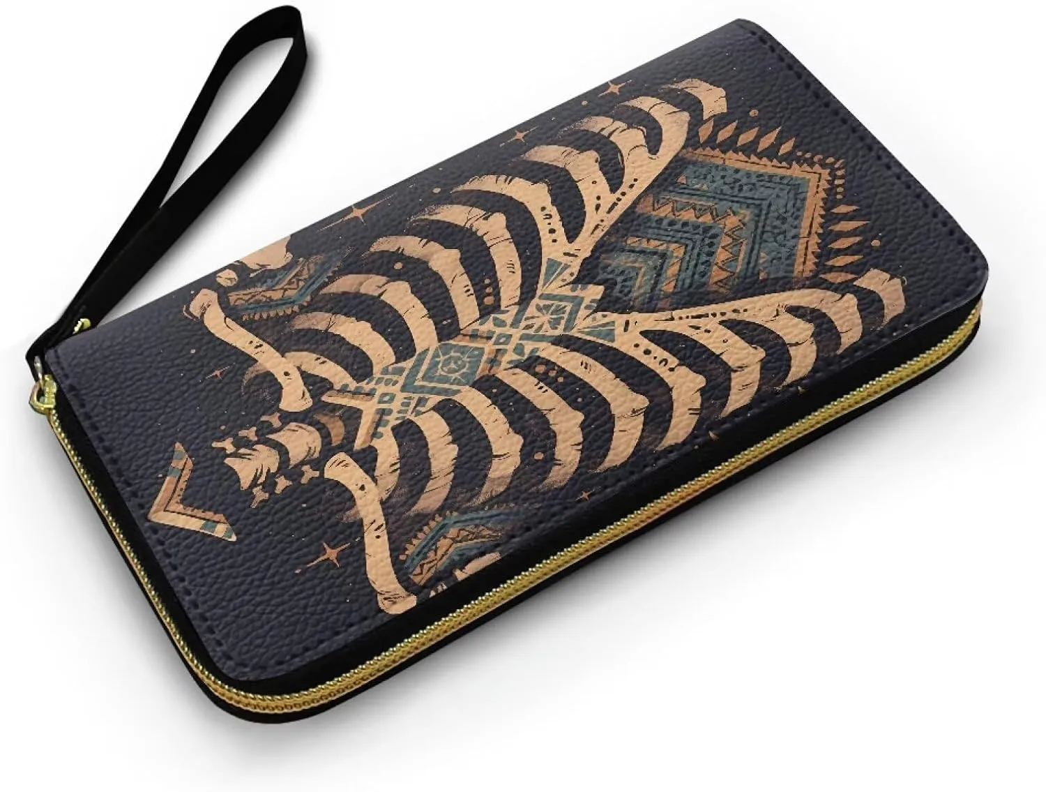 Bohemia Folk Skeleton Zip Around Organizer Wallet for Women, Ethnic Skeletons Printed Long Zipper PU Clutch Long Purse Wallet for Credit Card