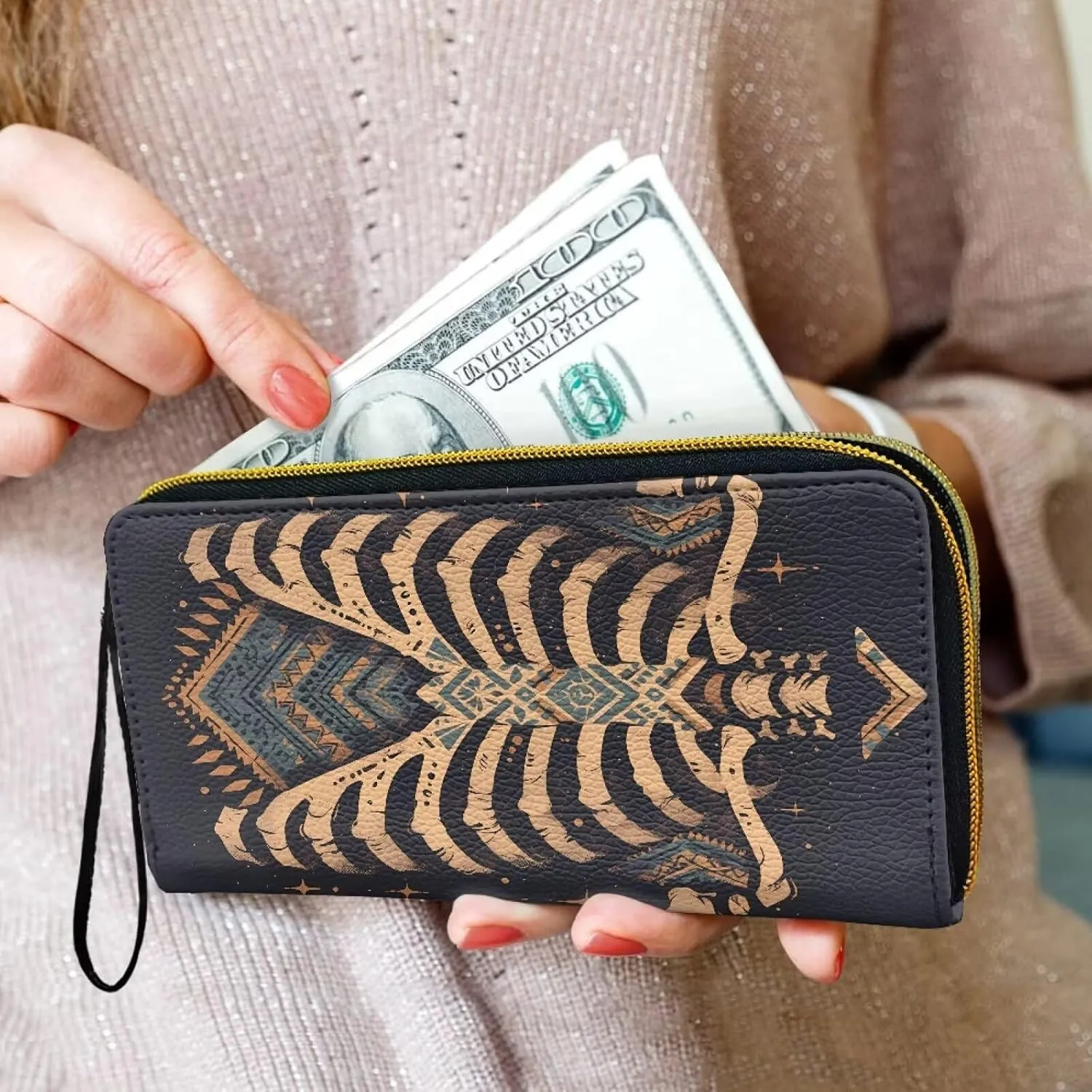 Bohemia Folk Skeleton Zip Around Organizer Wallet for Women, Ethnic Skeletons Printed Long Zipper PU Clutch Long Purse Wallet for Credit Card