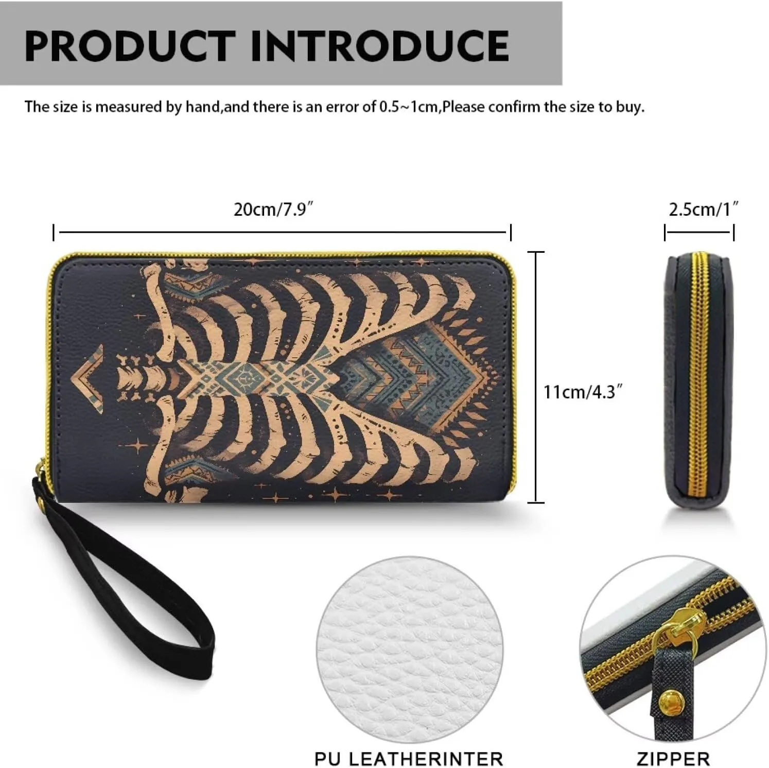 Bohemia Folk Skeleton Zip Around Organizer Wallet for Women, Ethnic Skeletons Printed Long Zipper PU Clutch Long Purse Wallet for Credit Card