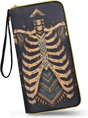 Bohemia Folk Skeleton Zip Around Organizer Wallet for Women, Ethnic Skeletons Printed Long Zipper PU Clutch Long Purse Wallet for Credit Card