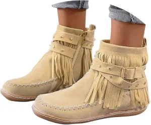 Boots for Women 2024 No Heel Casual Walking Vintage Retro Short Booties with Zipper Fringe Comfy Arch Support Slip-On Shoes