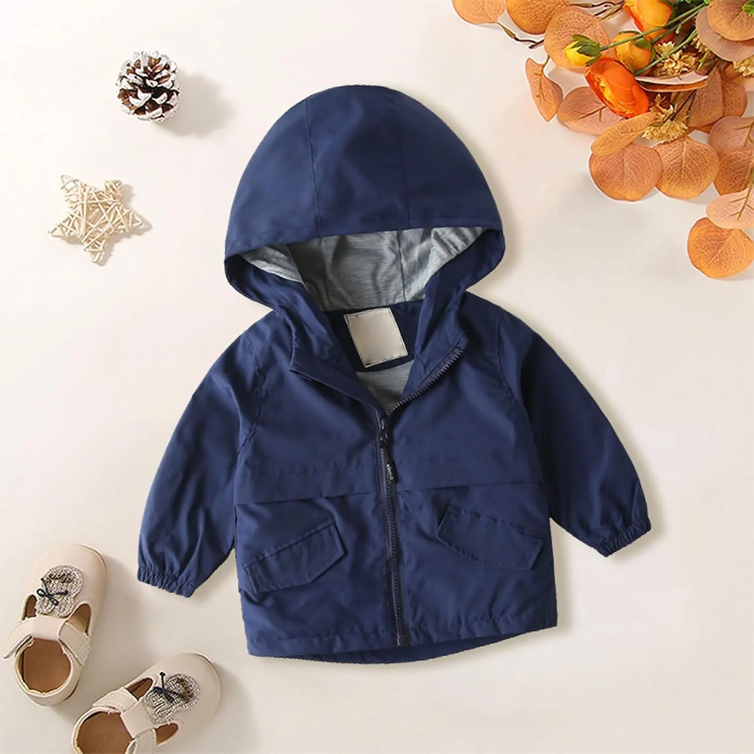 Boys Girls Toddler Hooded Cotton Lined Rain Jacket Baby Light Windbreaker Solid Zipper Fall Clothes with Pocket