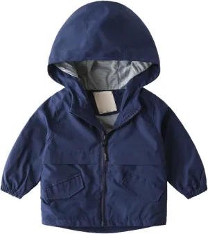 Boys Girls Toddler Hooded Cotton Lined Rain Jacket Baby Light Windbreaker Solid Zipper Fall Clothes with Pocket
