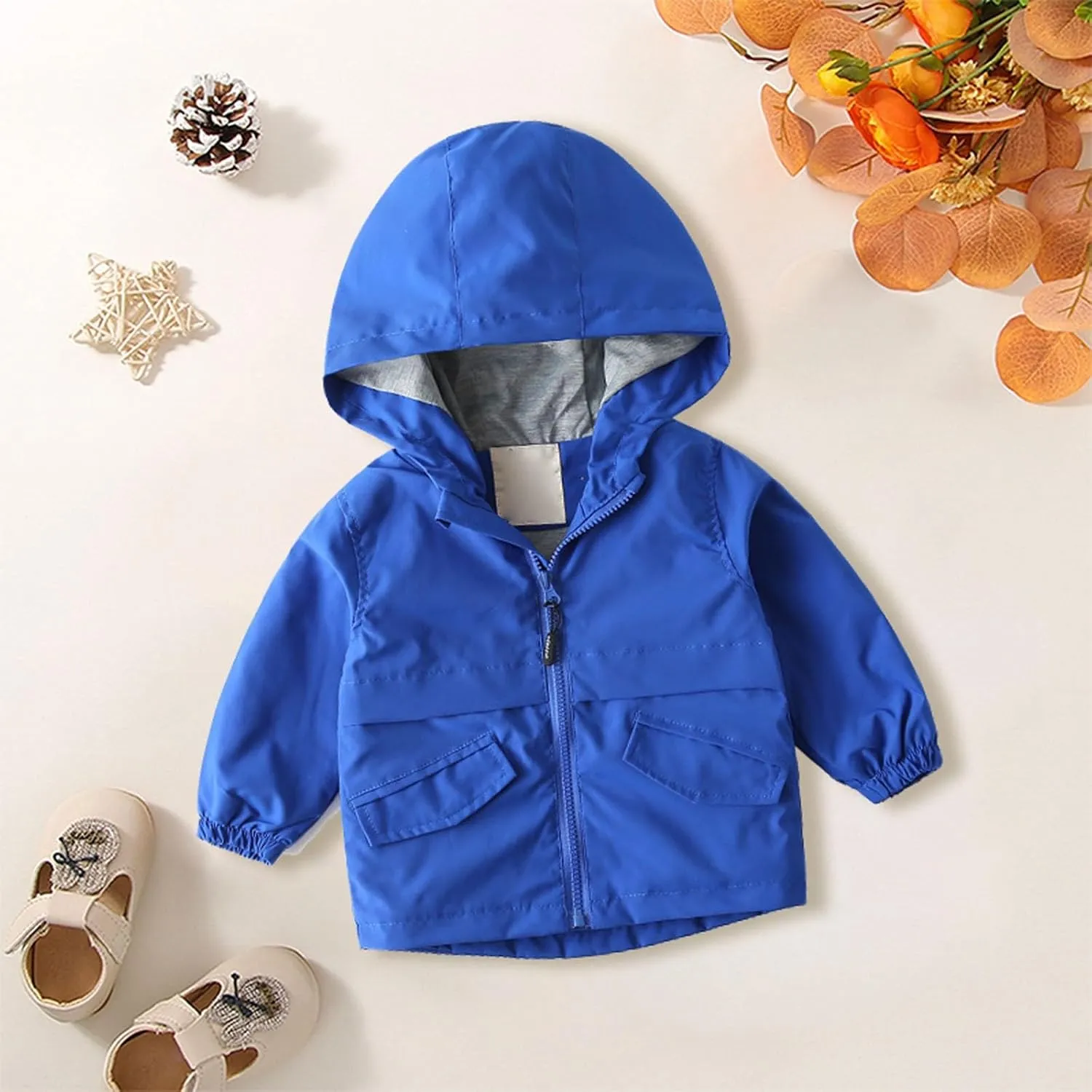 Boys Girls Toddler Hooded Cotton Lined Rain Jacket Baby Light Windbreaker Solid Zipper Fall Clothes with Pocket