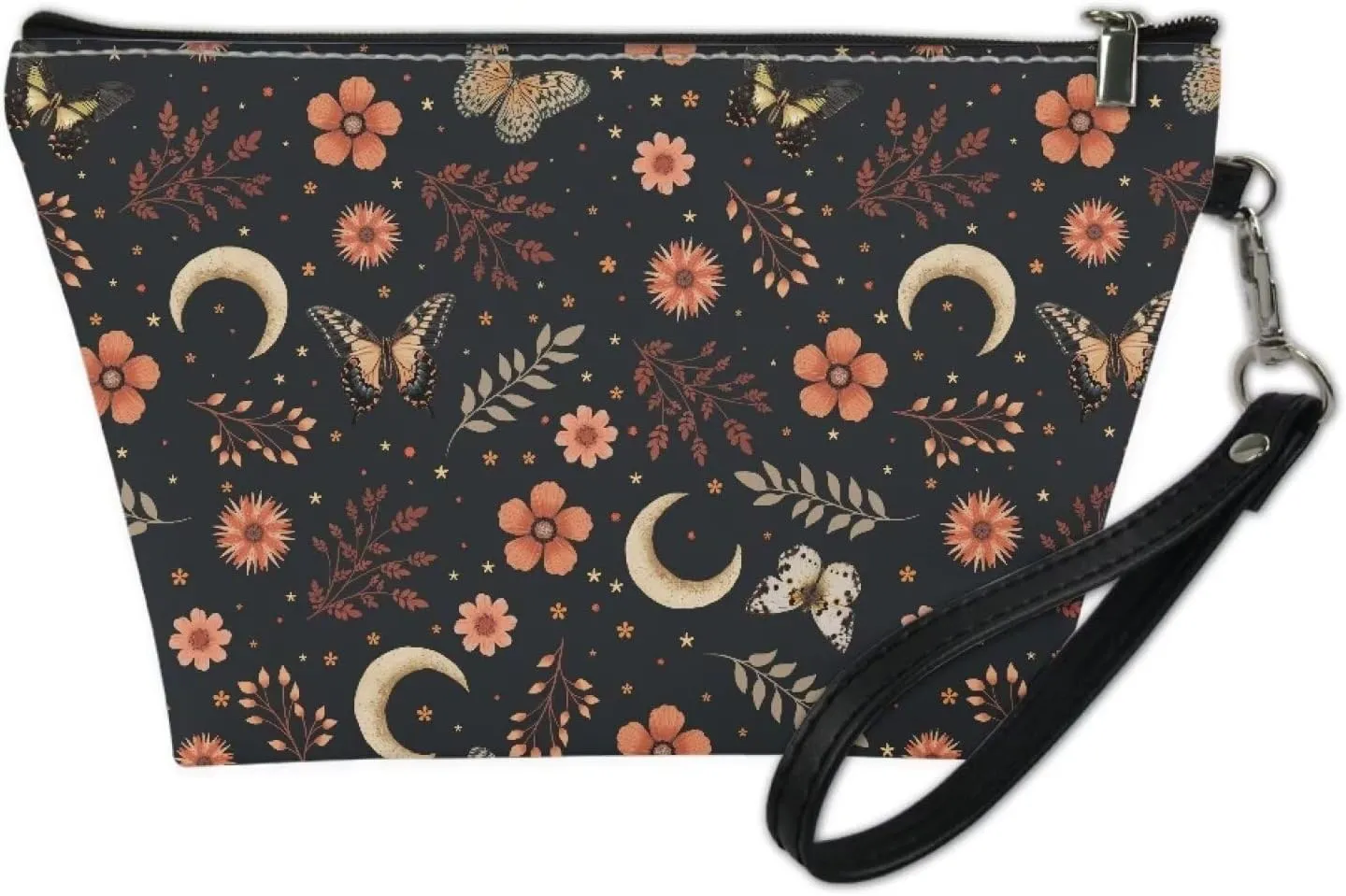 Butterfly Flower Moon Print Cosmetic Bag for Women Girls, Pu Leather Waterproof Makeup Bag Portable Toiletry Bag Small Purse with Zipper and Handle Lightweight Makeup Pouch