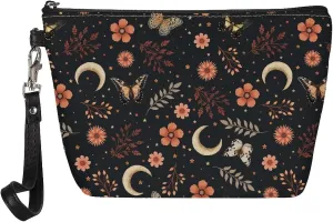 Butterfly Flower Moon Print Cosmetic Bag for Women Girls, Pu Leather Waterproof Makeup Bag Portable Toiletry Bag Small Purse with Zipper and Handle Lightweight Makeup Pouch