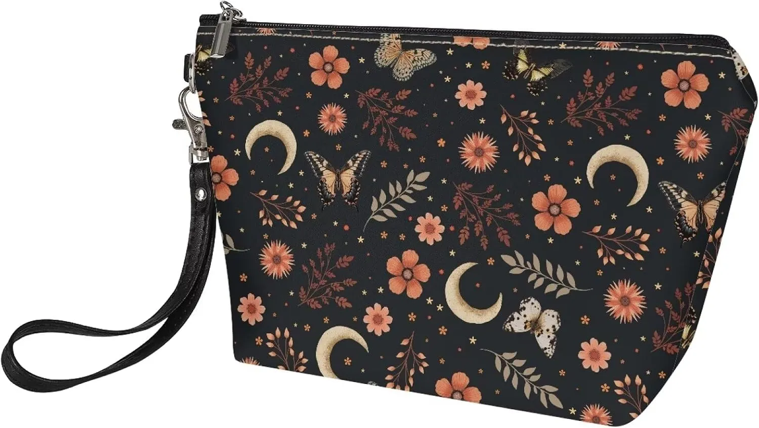 Butterfly Flower Moon Print Cosmetic Bag for Women Girls, Pu Leather Waterproof Makeup Bag Portable Toiletry Bag Small Purse with Zipper and Handle Lightweight Makeup Pouch