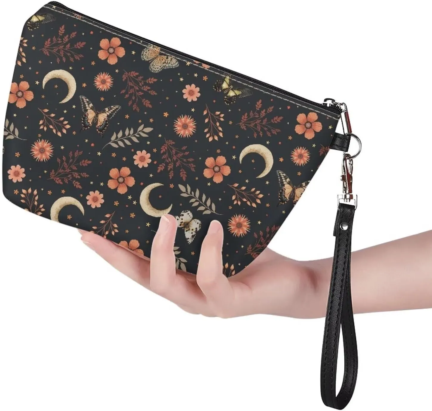 Butterfly Flower Moon Print Cosmetic Bag for Women Girls, Pu Leather Waterproof Makeup Bag Portable Toiletry Bag Small Purse with Zipper and Handle Lightweight Makeup Pouch