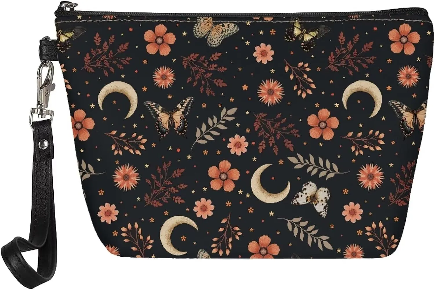 Butterfly Flower Moon Print Cosmetic Bag for Women Girls, Pu Leather Waterproof Makeup Bag Portable Toiletry Bag Small Purse with Zipper and Handle Lightweight Makeup Pouch