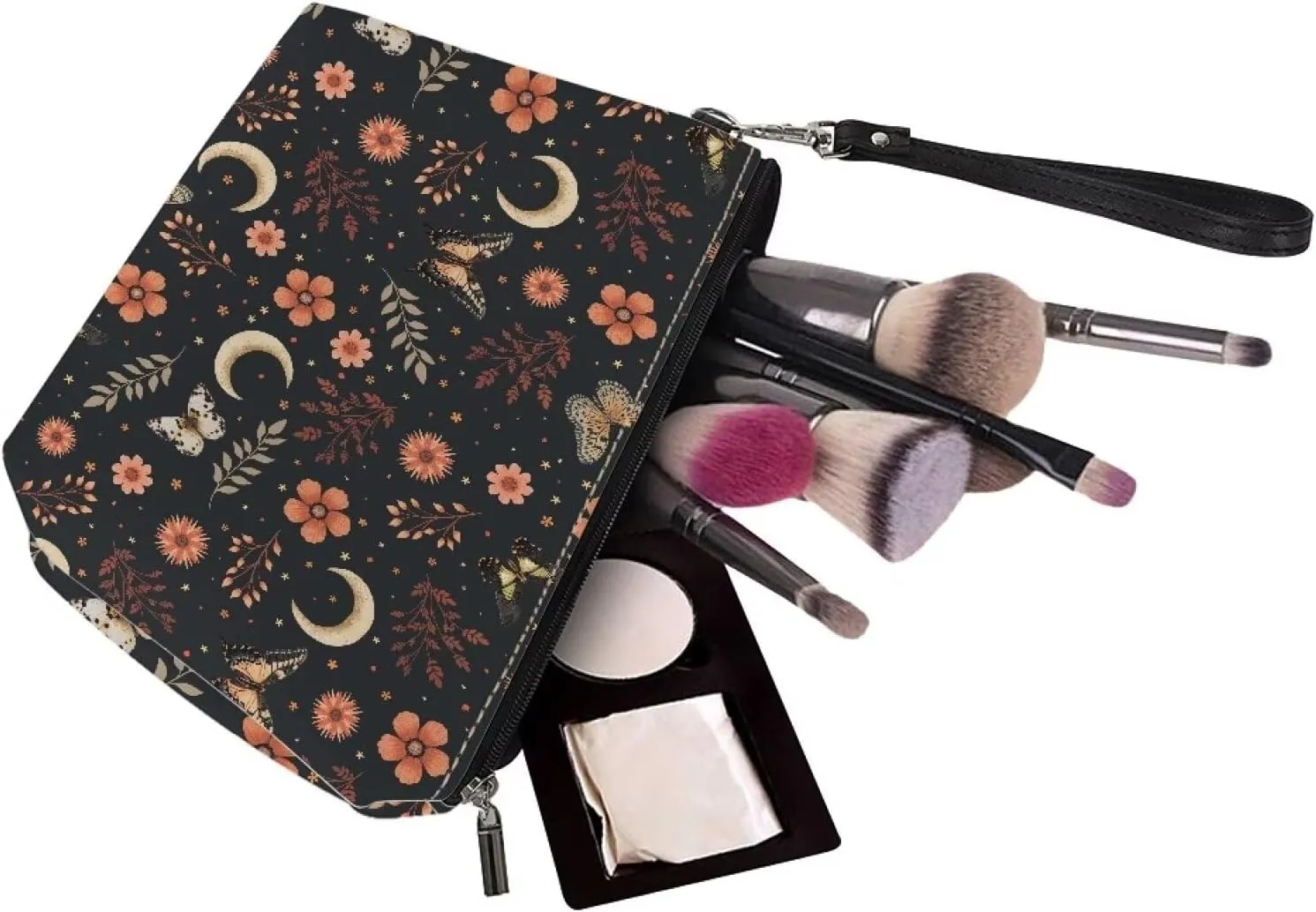 Butterfly Flower Moon Print Cosmetic Bag for Women Girls, Pu Leather Waterproof Makeup Bag Portable Toiletry Bag Small Purse with Zipper and Handle Lightweight Makeup Pouch