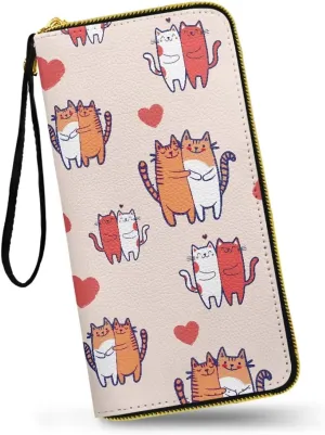 Cartoon Kitty Cats Slim Wristlet Wallet for Women, Kawaii Couple Of Cat Long Zipper Around Credit Card Holder, Pink Large Capacity Leather Billfold Clutch Wallets