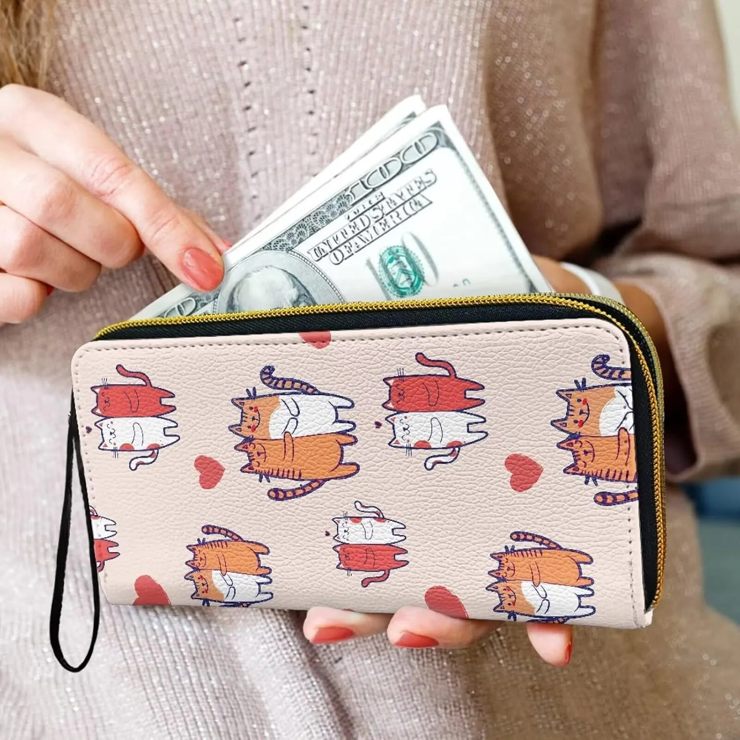 Cartoon Kitty Cats Slim Wristlet Wallet for Women, Kawaii Couple Of Cat Long Zipper Around Credit Card Holder, Pink Large Capacity Leather Billfold Clutch Wallets