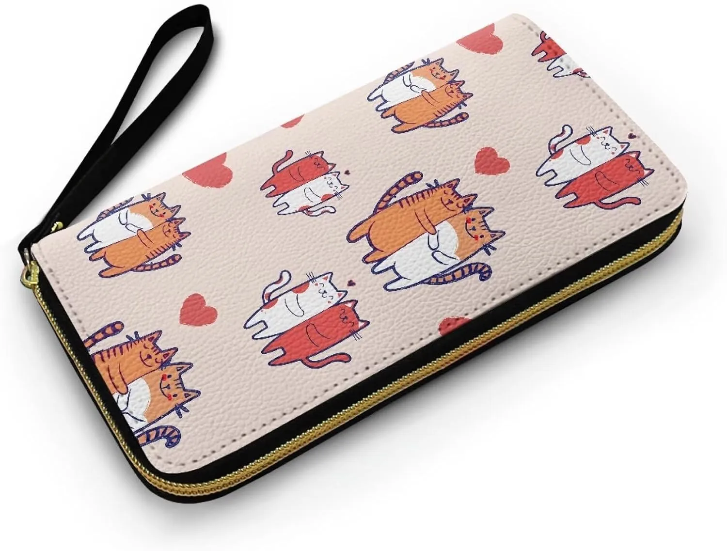Cartoon Kitty Cats Slim Wristlet Wallet for Women, Kawaii Couple Of Cat Long Zipper Around Credit Card Holder, Pink Large Capacity Leather Billfold Clutch Wallets