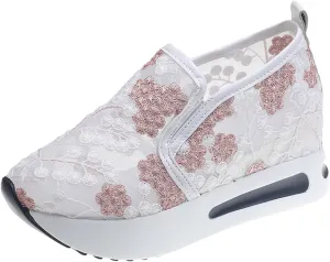 Cathalem Fashion Sneakers for Women 2024 Floral Embroidery Breathable Mesh Sneakers Slip On Sneakers Platform Wedge Sneakers