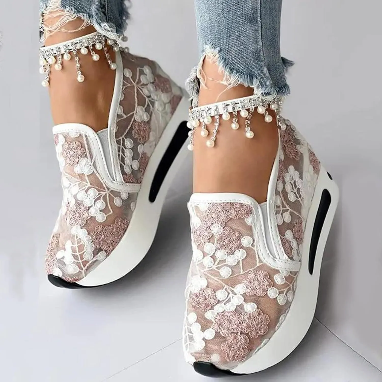 Cathalem Fashion Sneakers for Women 2024 Floral Embroidery Breathable Mesh Sneakers Slip On Sneakers Platform Wedge Sneakers
