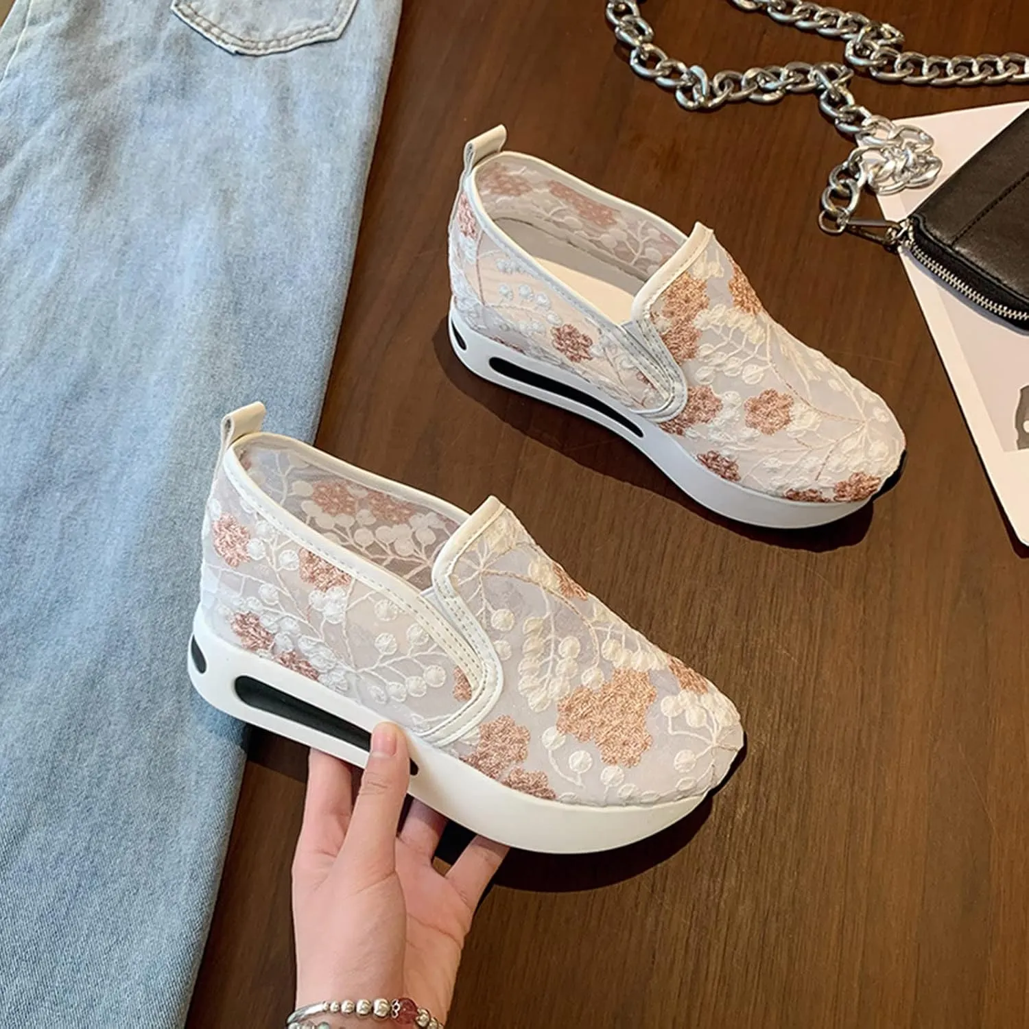 Cathalem Fashion Sneakers for Women 2024 Floral Embroidery Breathable Mesh Sneakers Slip On Sneakers Platform Wedge Sneakers