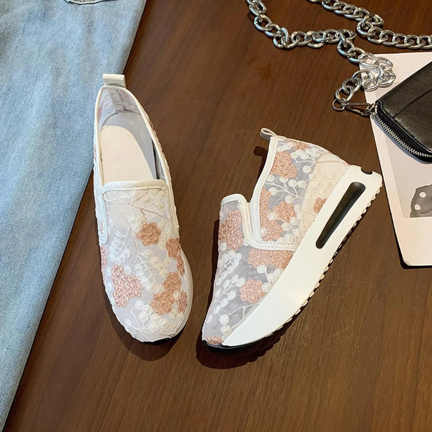 Cathalem Fashion Sneakers for Women 2024 Floral Embroidery Breathable Mesh Sneakers Slip On Sneakers Platform Wedge Sneakers