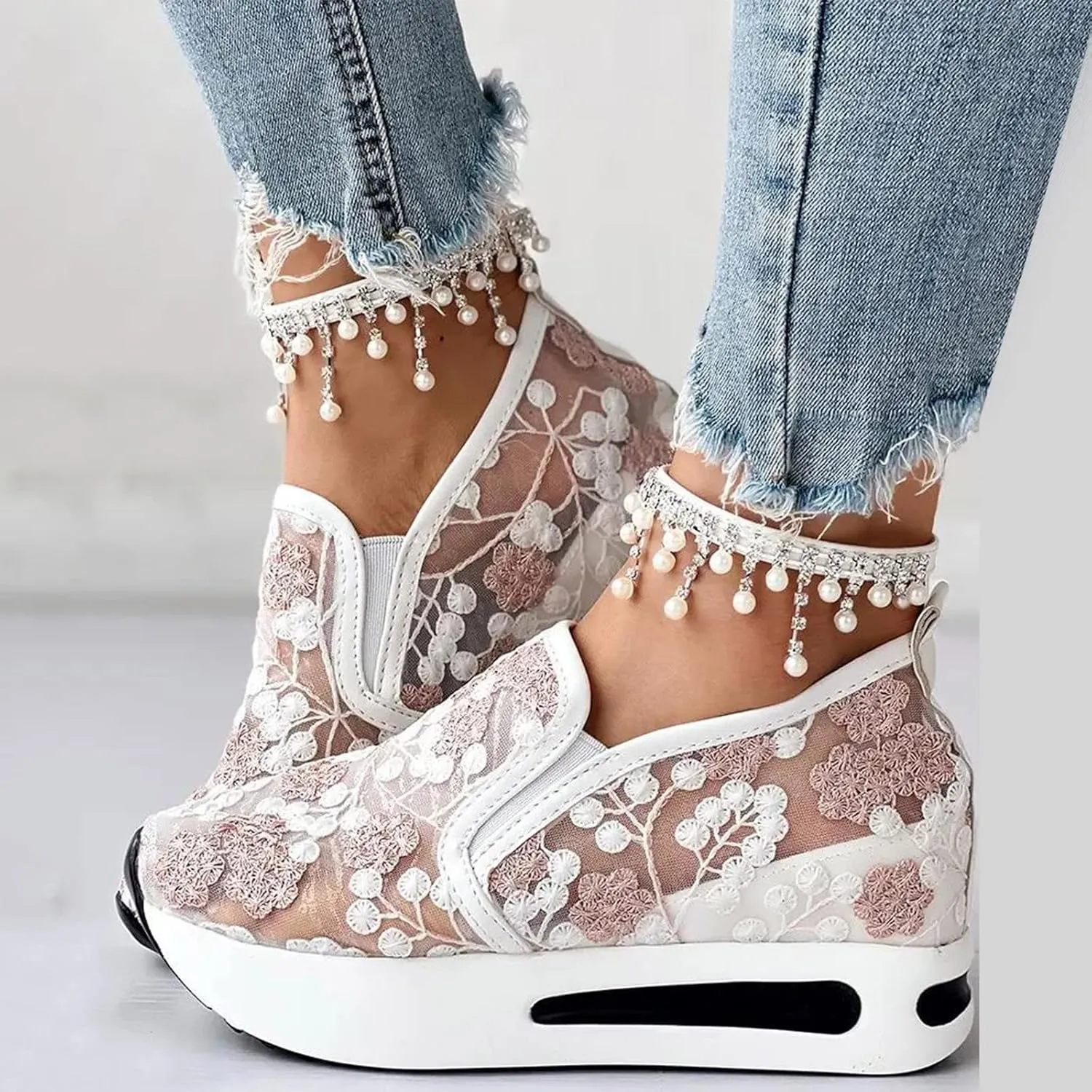 Cathalem Fashion Sneakers for Women 2024 Floral Embroidery Breathable Mesh Sneakers Slip On Sneakers Platform Wedge Sneakers
