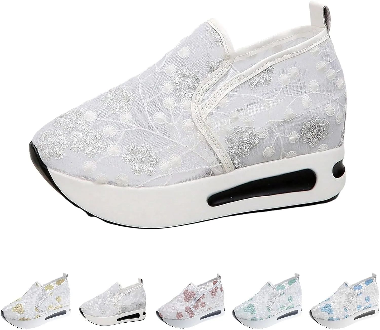 Cathalem Orthopedic Sneakers for Women Floral Embroidery Breathable Sheer Mesh Wedge Sneakers Slip On Platform Wedge Sneakers