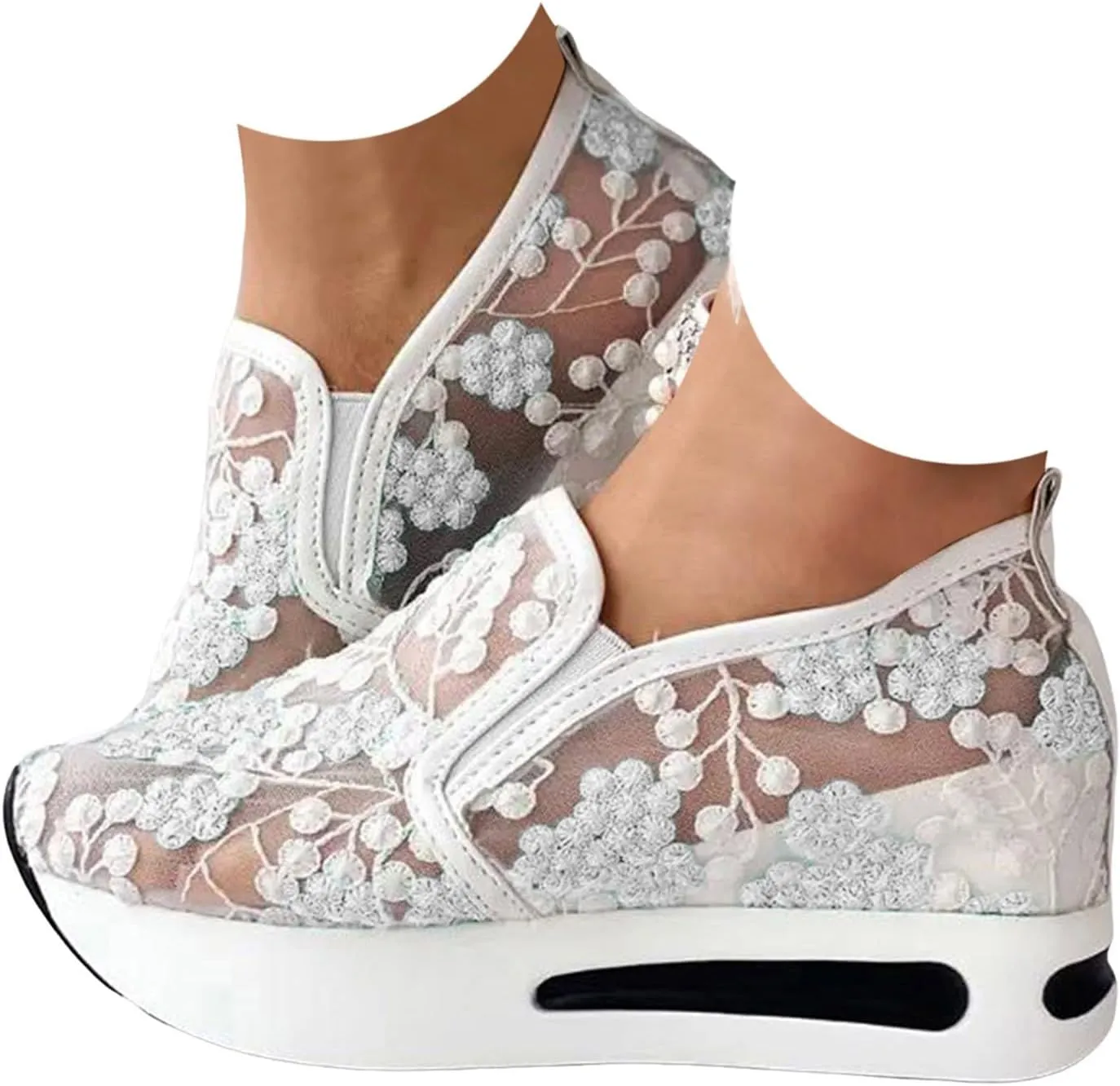 Cathalem Orthopedic Sneakers for Women Floral Embroidery Breathable Sheer Mesh Wedge Sneakers Slip On Platform Wedge Sneakers