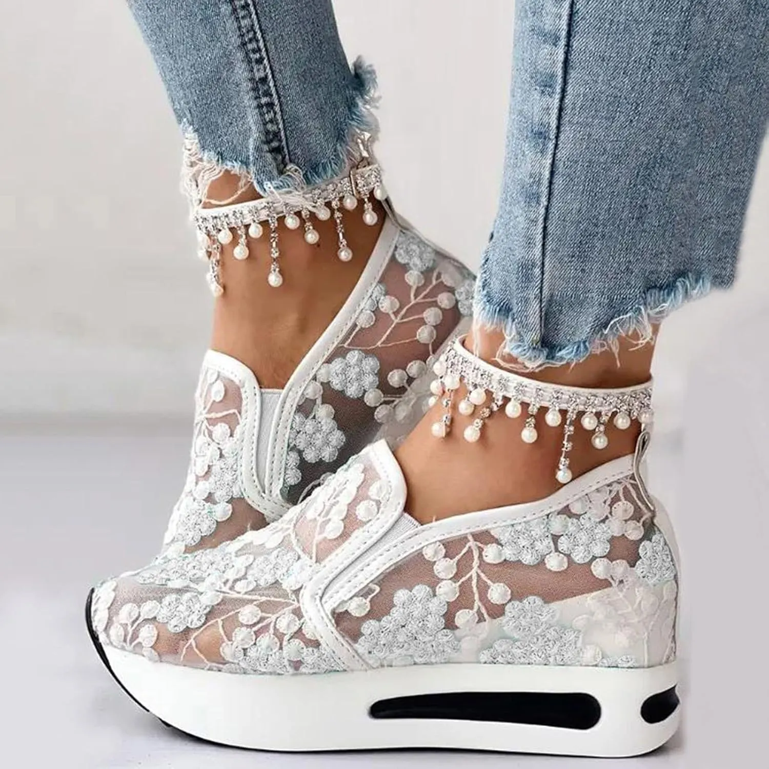 Cathalem Orthopedic Sneakers for Women Floral Embroidery Breathable Sheer Mesh Wedge Sneakers Slip On Platform Wedge Sneakers